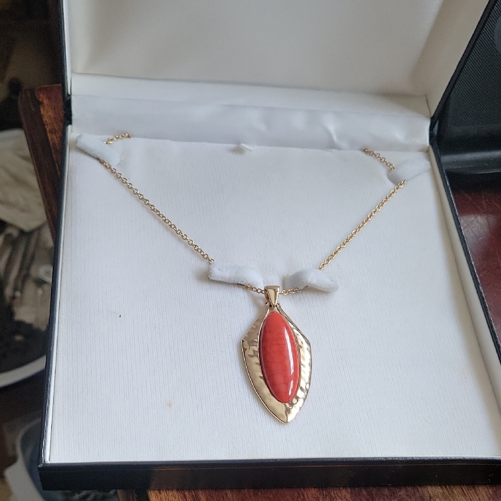 Gold Tone 24" Necklace with Red Pendant